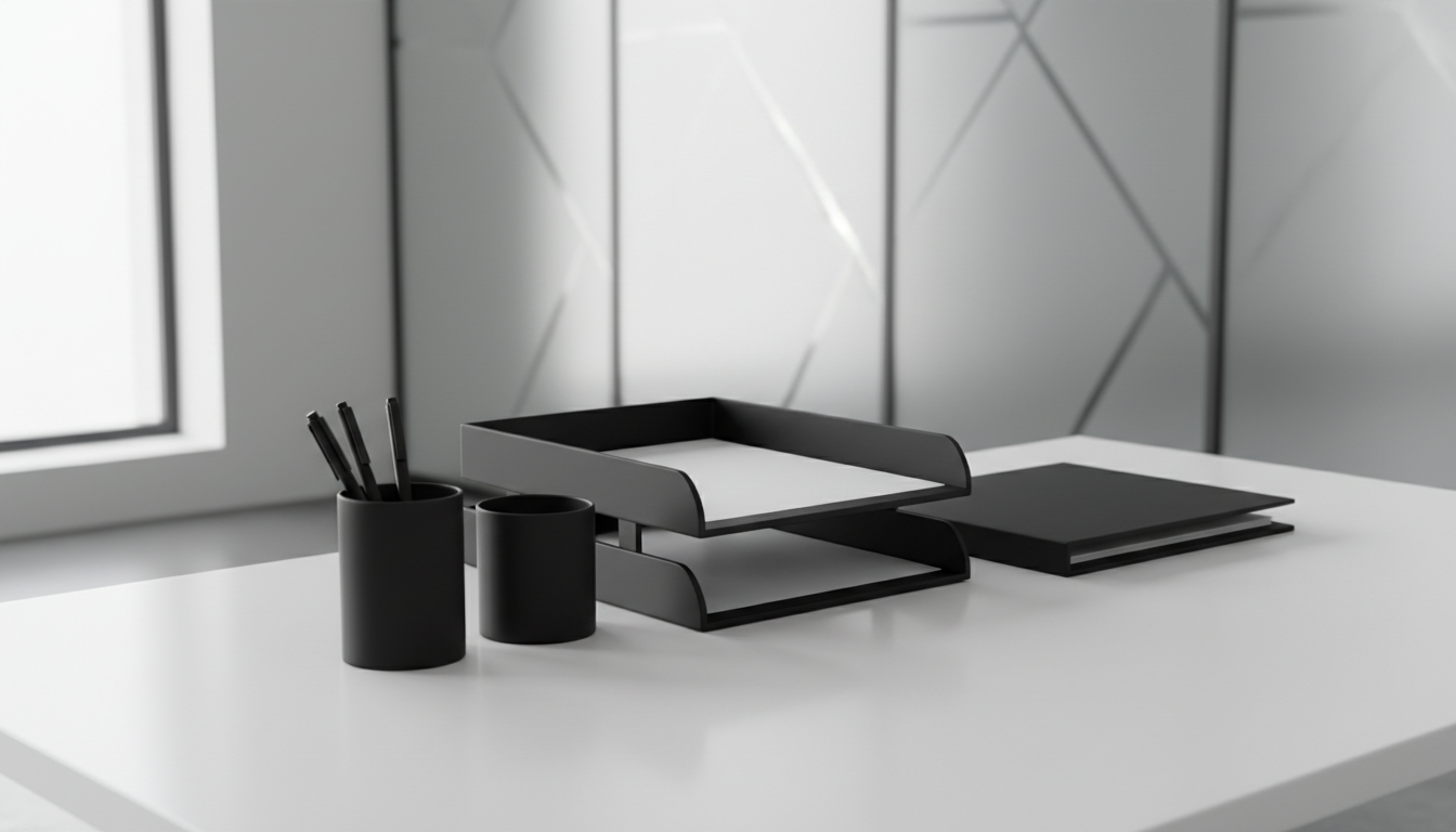 A matte black desk organizer set, including a pen stand, document tray, and closed folder, displayed meticulously on a pristine white desk. The organizer has a smooth, powder-coated finish that gently reflects the ambient daylight streaming from a floor-level window. In the blurred background, there is a symmetrical lineup of angular, frosted glass partitions suggesting a modern office environment. The composition is balanced and shot at a three-quarter angle, drawing the eye to the harmonious order and clean geometry. The mood is resolute and empowering, reinforcing the site’s emphasis on confidence and sovereign action. The style is photographic realism with a minimalist, corporate aesthetic.