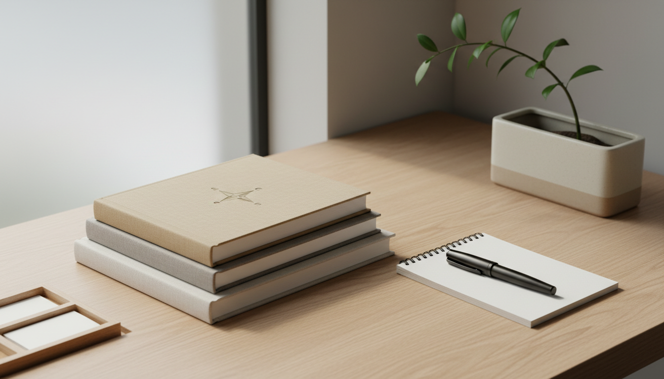A neat stack of neutral-toned hardcover books with textured linen covers, the top book subtly embossed with a minimalist compass icon, placed neatly beside a matte black fountain pen and a clean, spiral-bound notepad. The setting is atop a smooth, light oak workspace featuring organized dividers and a rectangular ceramic planter with a single green leafy branch. Soft, diffused daylight from a nearby frosted window creates gentle highlights and calming shadows, enhancing an atmosphere of focused clarity. Photographed at an eye-level angle with a balanced, centered composition, the image maintains sharp details throughout, embodying a clean, structured, and professional corporate aesthetic. The image reflects an environment dedicated to informed decisions and self-development.