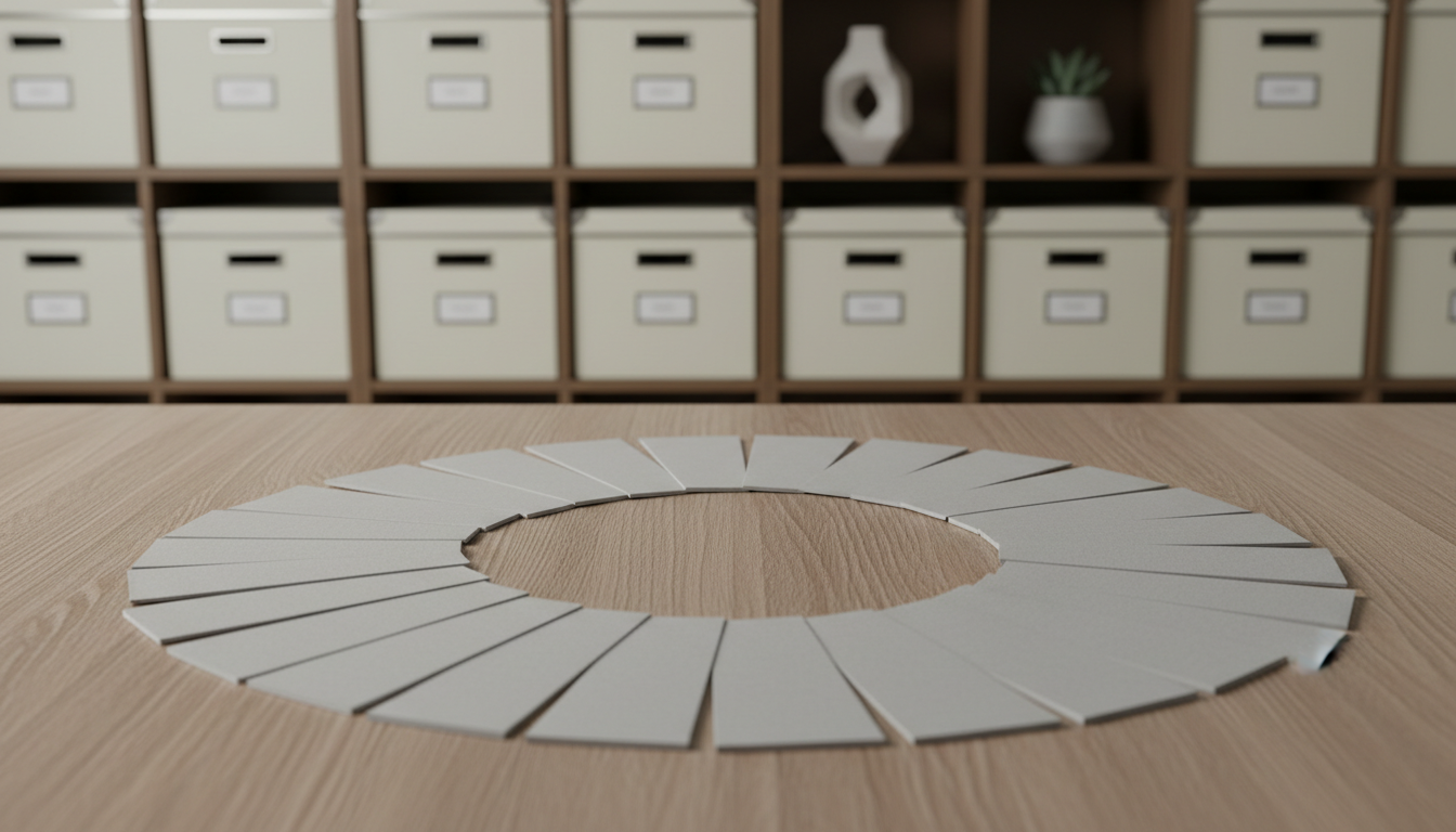 A meticulously arranged stack of neutral gray index cards fanned out on a solid ash wood table, with each card immaculately blank and the paper having a subtle woven texture. The background features a modular shelving unit with closed storage boxes and a single geometric ceramic sculpture. Under soft, even LED panel lighting, the cards cast crisp, faint shadows and the textured wood grain subtly catches the light. Captured from a top-down bird’s eye perspective, the image presents a structured, organized composition suggestive of clarity and systematic thought. The overall mood is serene yet purposeful, reflecting methodical preparation and professionalism in coaching environments.