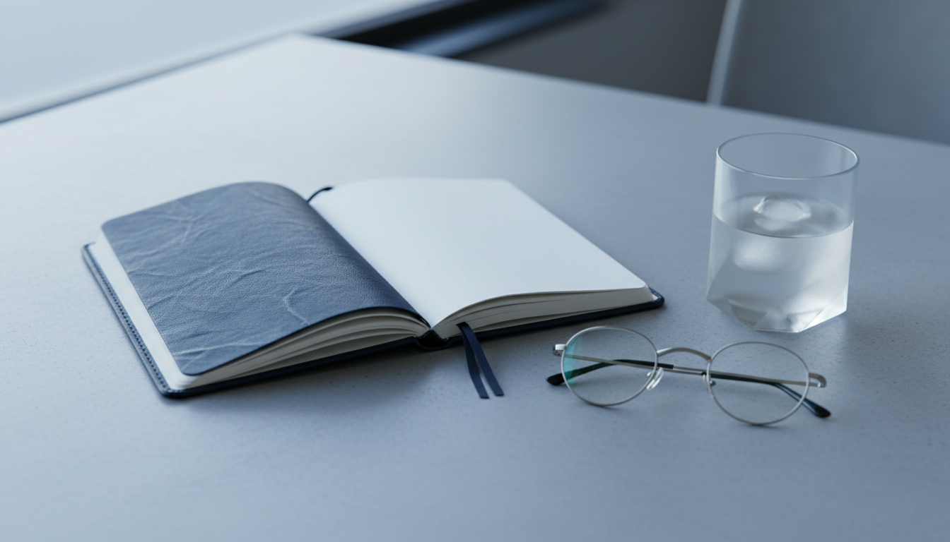 A detailed close-up of a leather-bound navy notebook sitting open on a smooth light-gray concrete desk, revealing blank, textured pages. Beside the notebook, a pair of fine silver reading glasses and a geometric frosted glass water tumbler add to the professional ambience. The lighting is cool and diffused, coming from a window out of frame, softly highlighting the textures of leather and paper. Captured at eye-level with balanced composition and sharp focus, this image evokes a sense of preparation, introspection, and clean corporate aesthetics—ideal for thoughtful decision-making in a coaching context.
