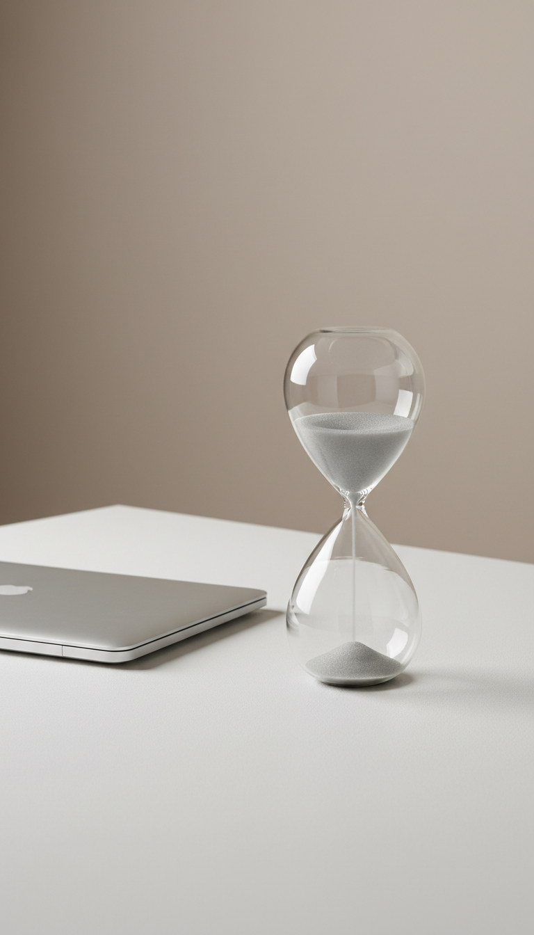 A minimalist desktop scene featuring a modern sculptural hourglass with clear glass and silvery-gray sand mid-flow, positioned centrally on a matte white workspace. To the left, a closed laptop with an understated metallic finish. The environment is uncluttered, with a neutral-toned wall in the background and a tidy, organized feel. Soft studio lighting creates subtle highlights on the hourglass curves and faint, crisp shadows, resulting in a serene, contemplative mood. Shot from a slightly high angle for a balanced and structured composition, this photographic image conveys the passage of time and clarity needed for reflection in professional coaching.
