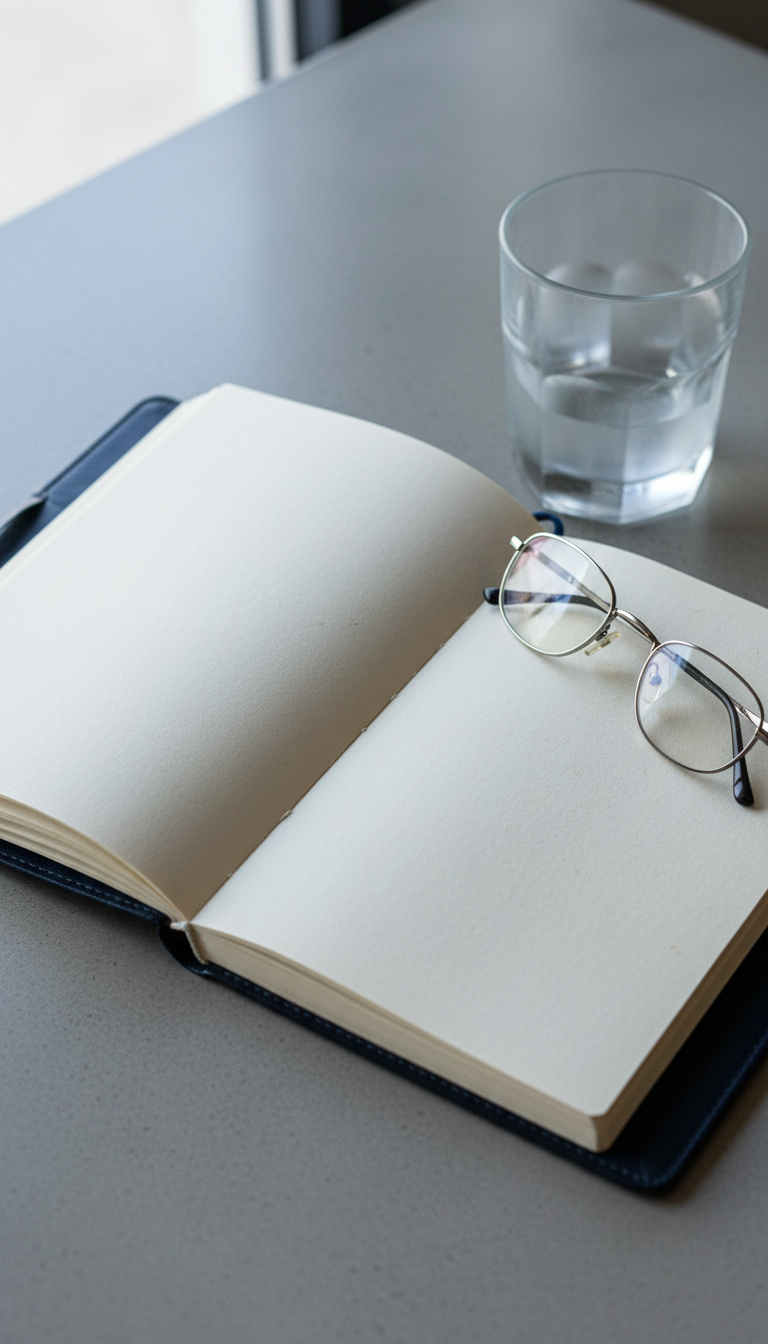 A detailed close-up of a leather-bound navy notebook sitting open on a smooth light-gray concrete desk, revealing blank, textured pages. Beside the notebook, a pair of fine silver reading glasses and a geometric frosted glass water tumbler add to the professional ambience. The lighting is cool and diffused, coming from a window out of frame, softly highlighting the textures of leather and paper. Captured at eye-level with balanced composition and sharp focus, this image evokes a sense of preparation, introspection, and clean corporate aesthetics—ideal for thoughtful decision-making in a coaching context.