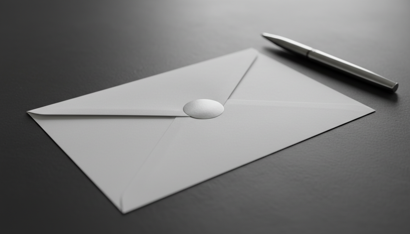 A close-up image of a crisp, folded pristine white envelope sealed with a matte silver sticker, resting on a slate-colored desk next to a stylish, polished chrome pen. The envelope’s clean edges and flawless texture convey a sense of formality and respect. Soft overcast daylight seeps in from the left, creating subtle highlights on the sticker’s surface and gentle shadows that emphasize the envelope’s dimensionality. Shot with a narrow depth of field focusing on the envelope, the composition remains uncluttered and geometrically structured. This refined, photographic image projects professionalism and careful consideration, aligning perfectly with sensitive coaching themes.
